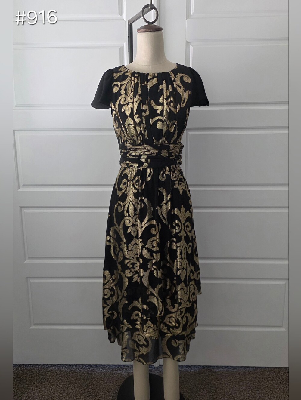 Black and Gold Midi Dress with Metallic Floral Pattern